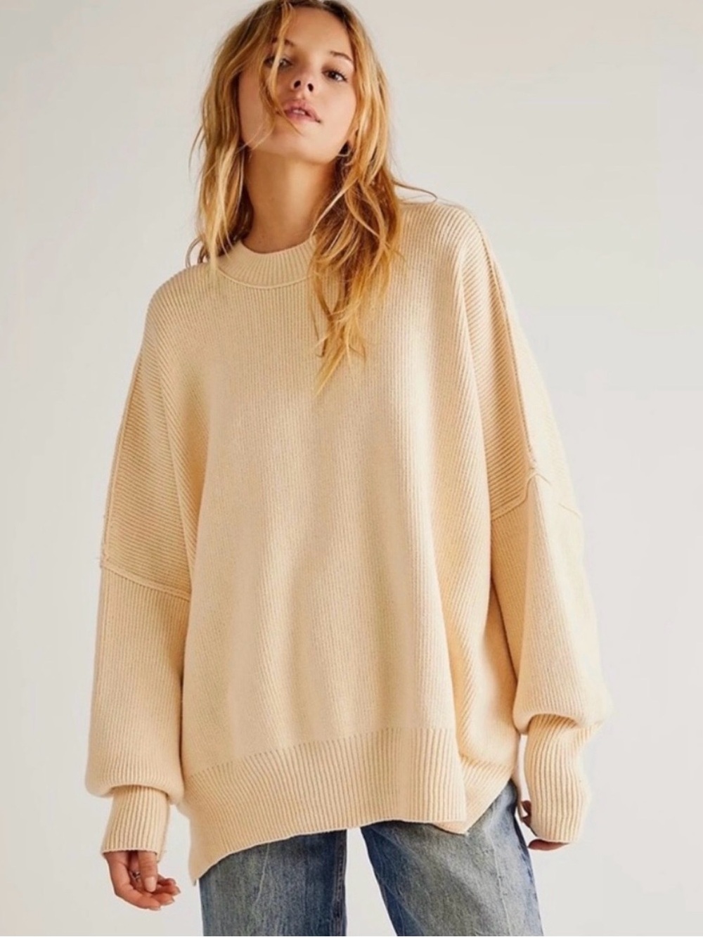 Free People Oversized Cream Crewneck Sweater